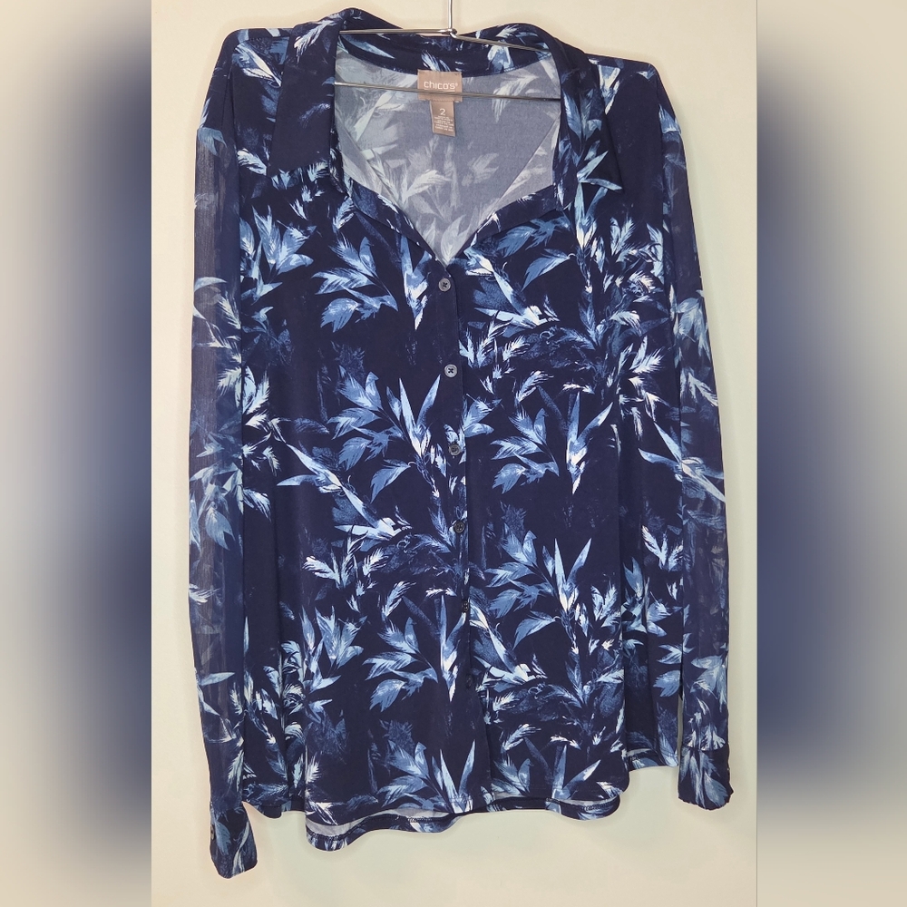 Chico's Navy Blue Floral Botanical Sheer Sleeve Blouse Shirt Top Sz 2 12 L